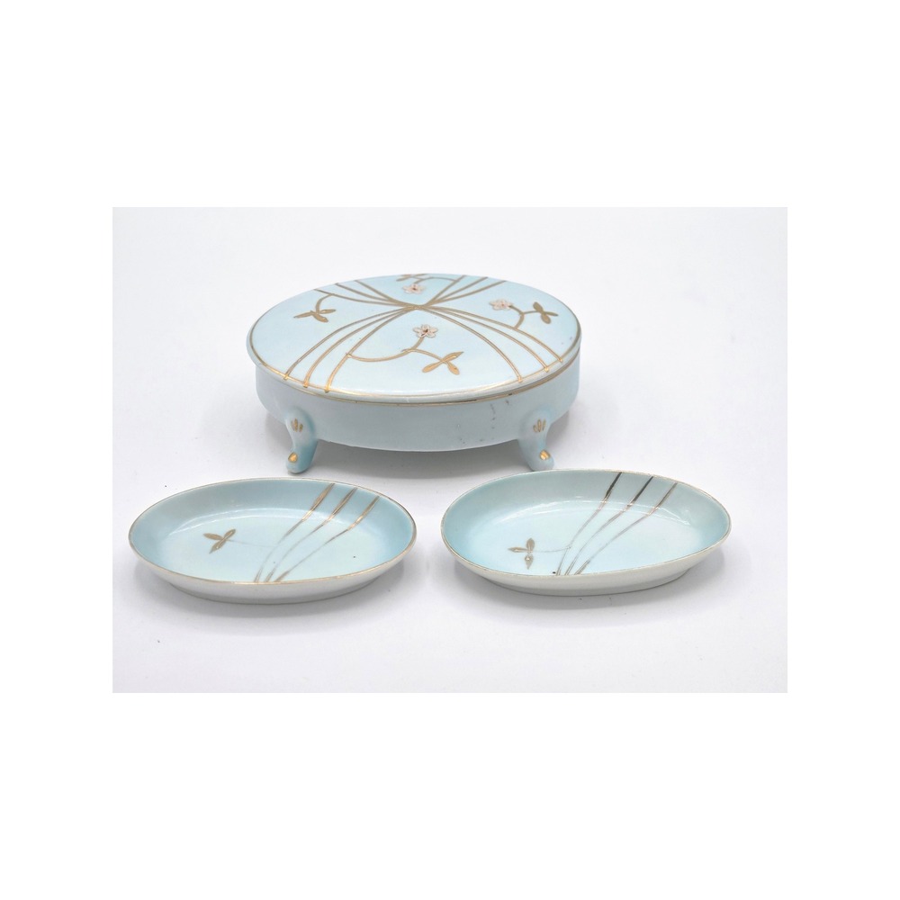 Elegant Light Blue Porcelain Trinket Box & Dishes Set‎ - Hand-Decorated
